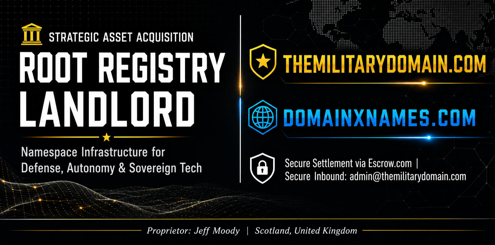 THEMILITARYDOMAIN.COM PORTAL STRATEGIC DIGITAL ASSET ACQUISITIONS | DEFENCE & AEROSPACE Current Showcase Portfolio: Tier-1 Infrastructure Lethality & Combat Systems: LETHALITY.ai | SSNAUKUS.com | DIRECTEDENERGY.ai Autonomous Command & Cyber: C5ISRS.com | C4ISRS.com | L5C4ISR.com Intel